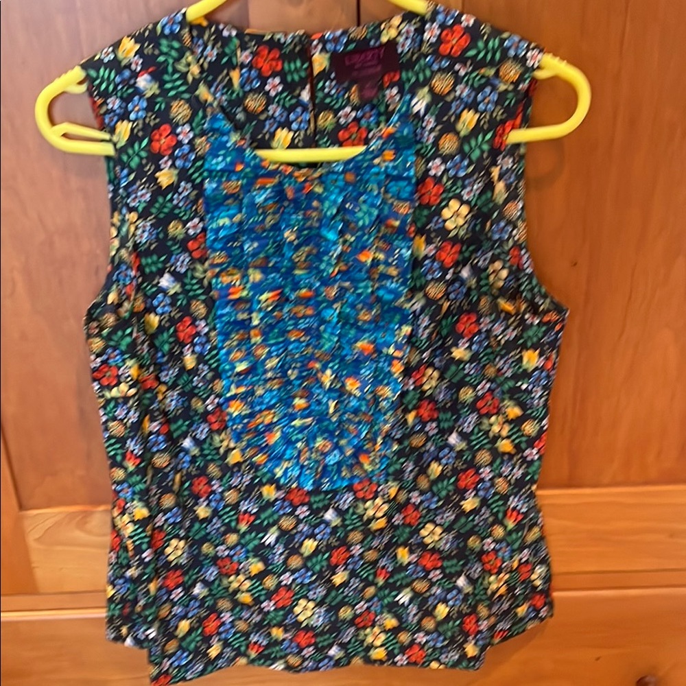 J. Crew Black Floral Sleeveless Blouse with Blue Bib